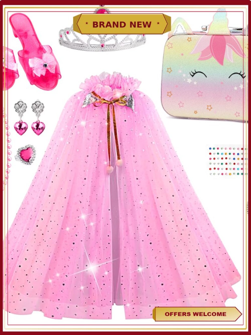 Princess Dress Up Set 11 Pcs Costume with Bag Jewelry Shoes Role Play Gift